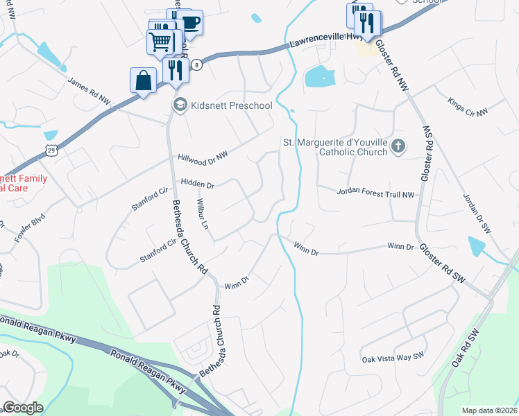 map of restaurants, bars, coffee shops, grocery stores, and more near 2975 Hidden Drive in Lawrenceville