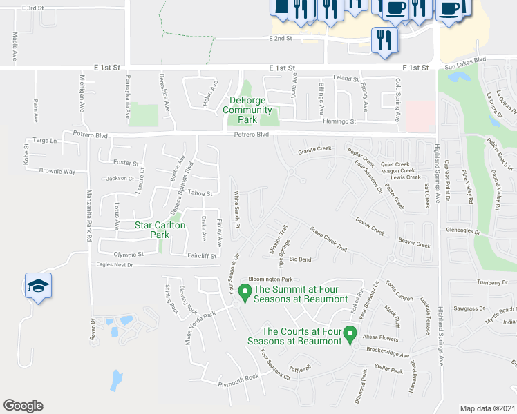 map of restaurants, bars, coffee shops, grocery stores, and more near 257 Broadriver Trail in Beaumont