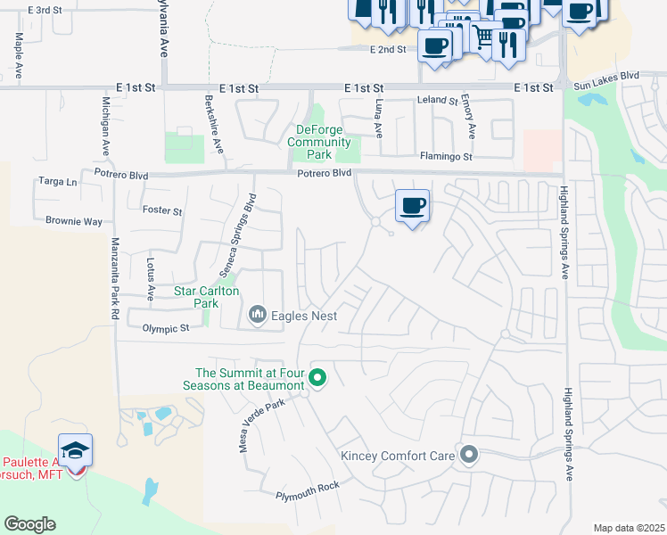 map of restaurants, bars, coffee shops, grocery stores, and more near 257 Broadriver Trail in Beaumont