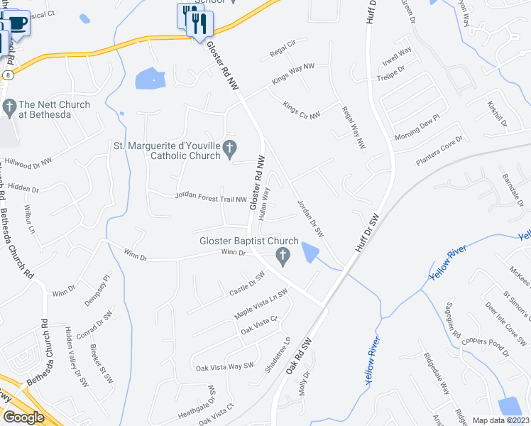 map of restaurants, bars, coffee shops, grocery stores, and more near 255 Hulan Way in Lawrenceville