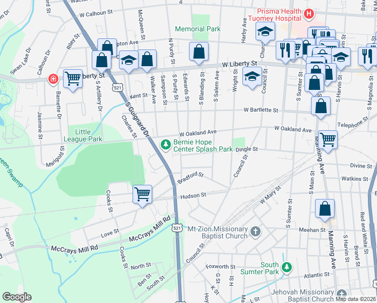map of restaurants, bars, coffee shops, grocery stores, and more near 211 South Purdy Street in Sumter