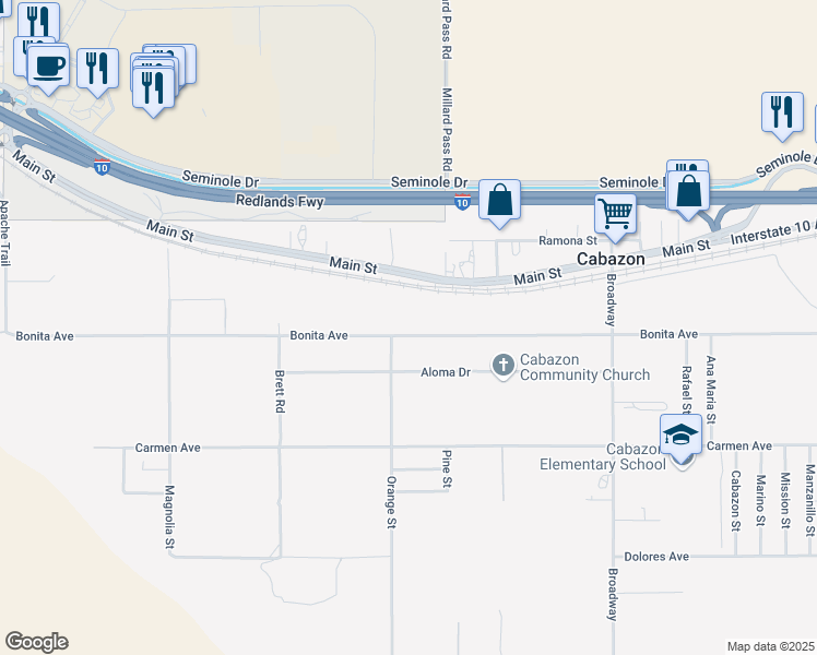 map of restaurants, bars, coffee shops, grocery stores, and more near Bonita Avenue in Cabazon