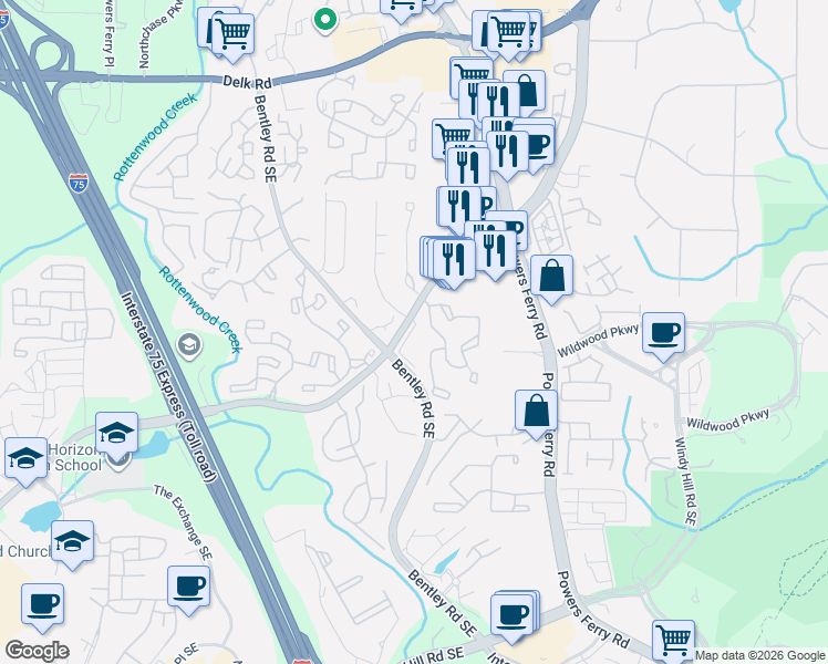 map of restaurants, bars, coffee shops, grocery stores, and more near 2784 Terrell Trace Drive Southeast in Marietta