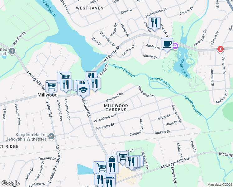map of restaurants, bars, coffee shops, grocery stores, and more near 1835 Millwood Road in Sumter