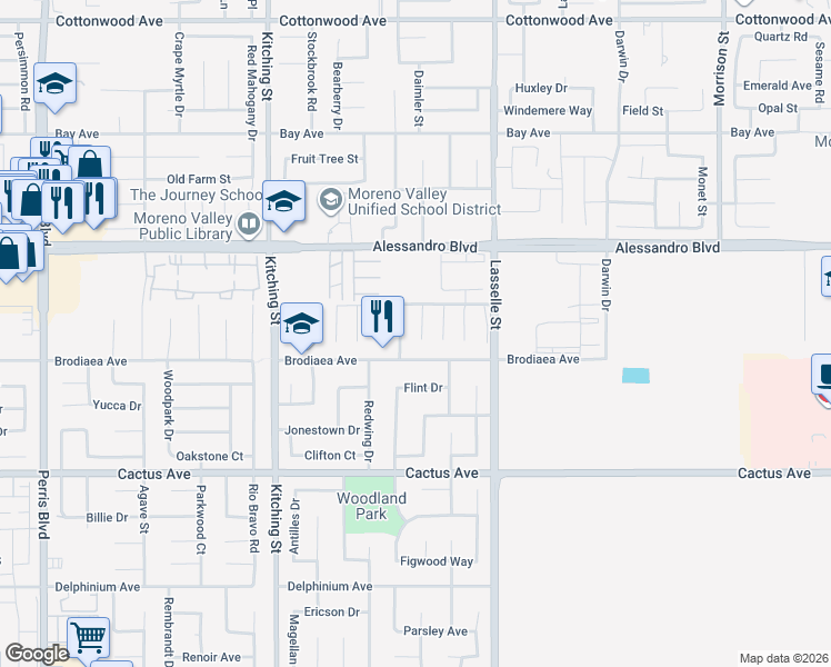 map of restaurants, bars, coffee shops, grocery stores, and more near 14191 San Cristobal Bay Drive in Moreno Valley