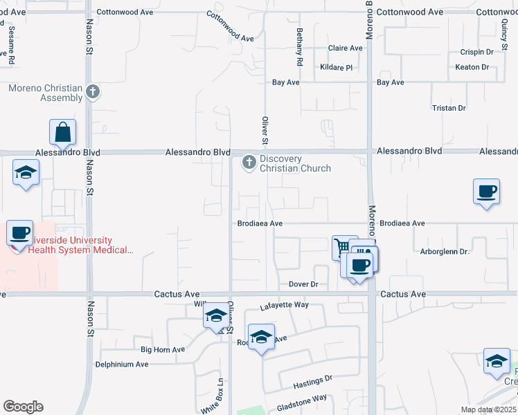 map of restaurants, bars, coffee shops, grocery stores, and more near Astra Street in Moreno Valley