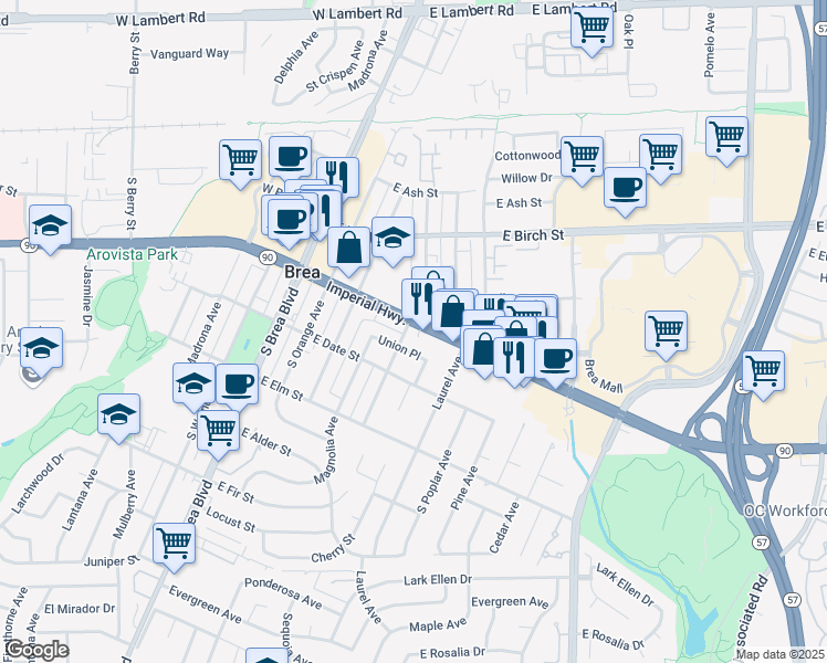 map of restaurants, bars, coffee shops, grocery stores, and more near 500 East Imperial Highway in Brea