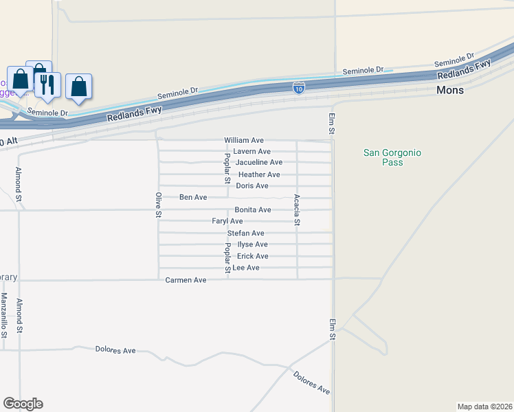 map of restaurants, bars, coffee shops, grocery stores, and more near Bonita Avenue in Cabazon