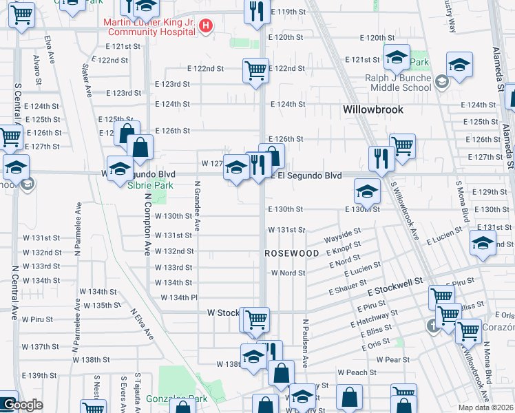 map of restaurants, bars, coffee shops, grocery stores, and more near 2409 North Wilmington Avenue in Compton