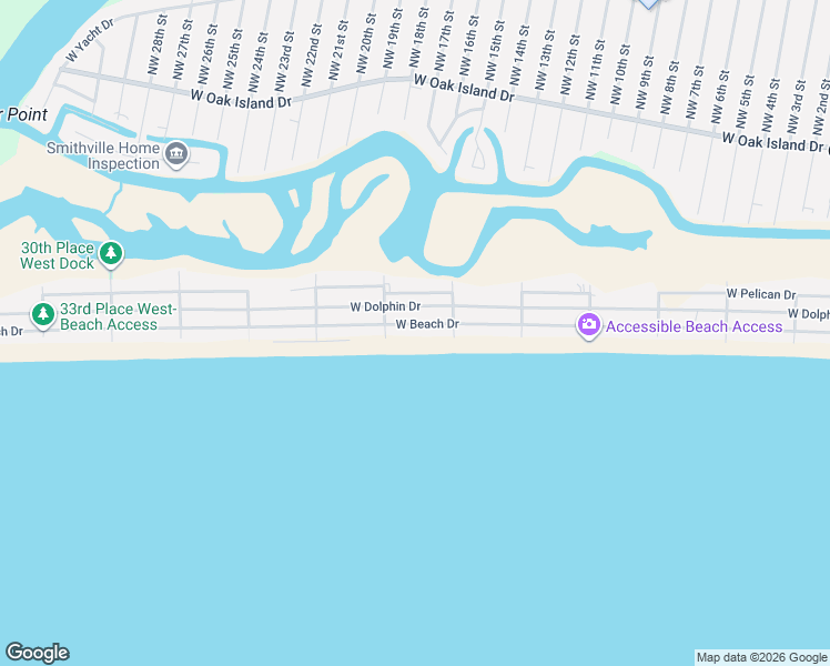map of restaurants, bars, coffee shops, grocery stores, and more near 1716 West Beach Drive in Oak Island