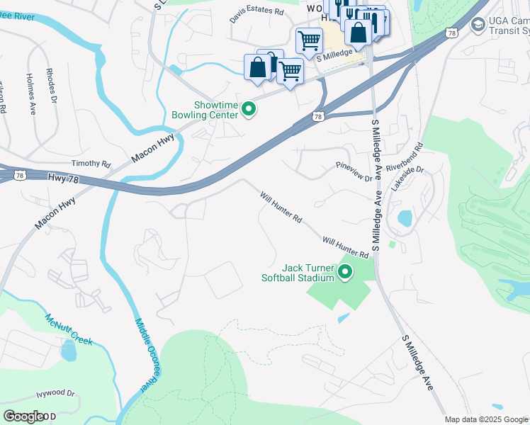 map of restaurants, bars, coffee shops, grocery stores, and more near 100 Hunter's Run Road in Athens