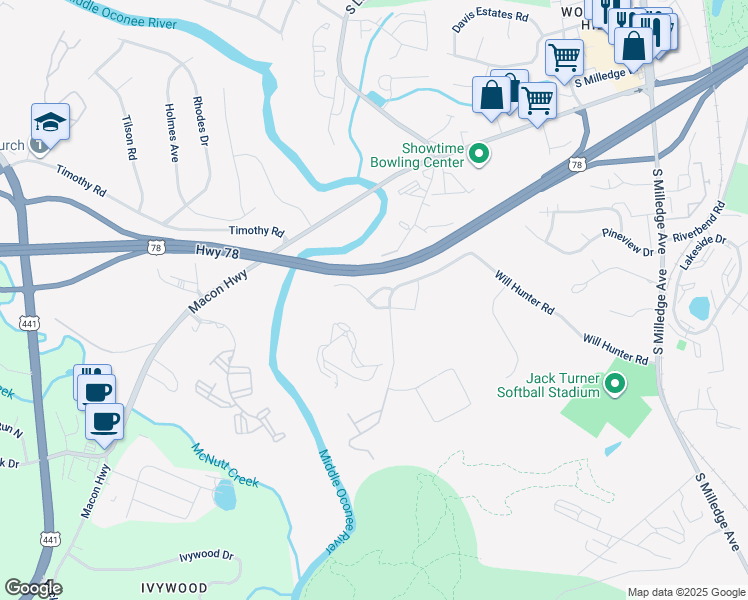 map of restaurants, bars, coffee shops, grocery stores, and more near 124 Dan's Way in Athens