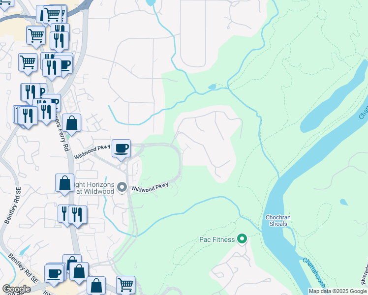 map of restaurants, bars, coffee shops, grocery stores, and more near 705 Abbington River Lane in Atlanta