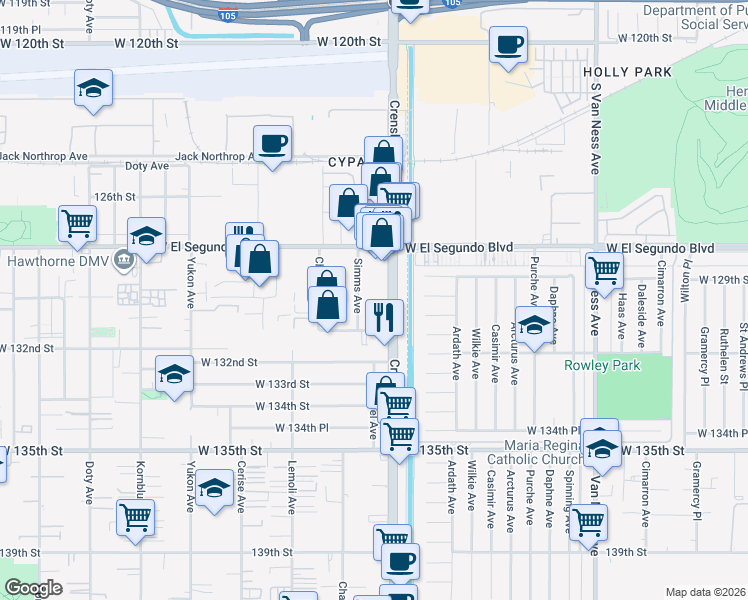 map of restaurants, bars, coffee shops, grocery stores, and more near 12916-12948 Simms Avenue in Hawthorne