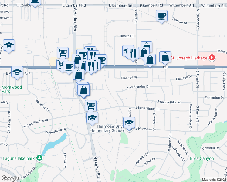 map of restaurants, bars, coffee shops, grocery stores, and more near 3821 North Potrero Drive in Fullerton