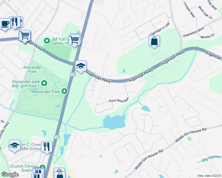map of restaurants, bars, coffee shops, grocery stores, and more near 1425 Bridle Path Drive in Lawrenceville