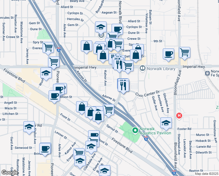 map of restaurants, bars, coffee shops, grocery stores, and more near 12736 Kalnor Avenue in Norwalk