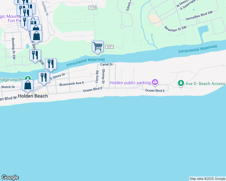 map of restaurants, bars, coffee shops, grocery stores, and more near 200 Ocean Boulevard East in Holden Beach