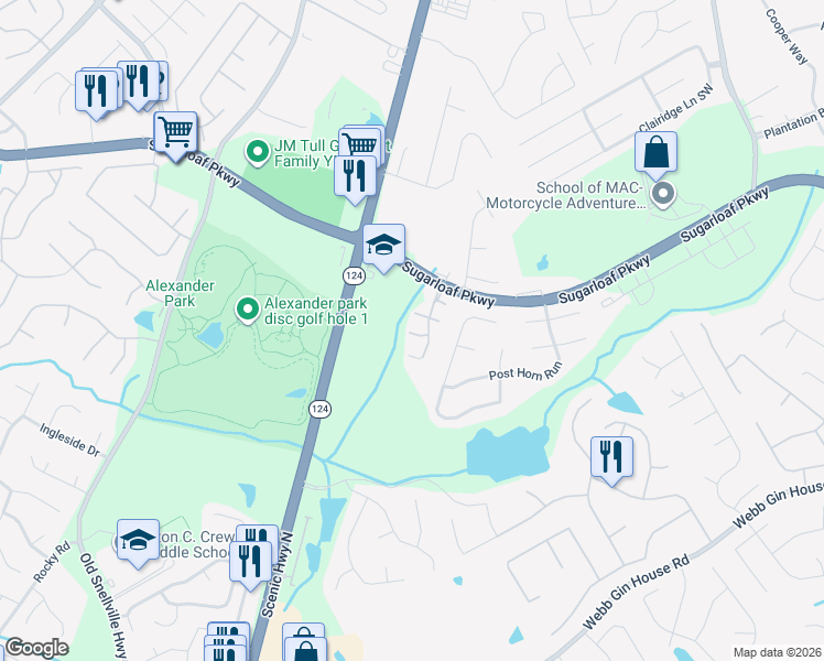 map of restaurants, bars, coffee shops, grocery stores, and more near 1059 Pike Forest Court in Lawrenceville