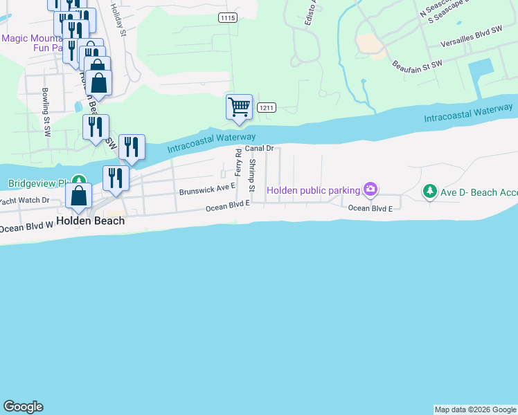 map of restaurants, bars, coffee shops, grocery stores, and more near 101-109 Shrimp Street in Holden Beach