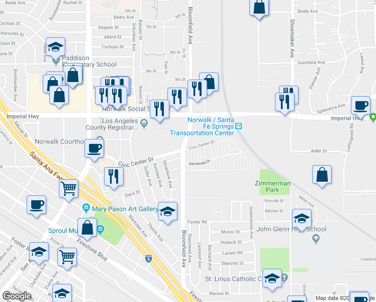 map of restaurants, bars, coffee shops, grocery stores, and more near 12814 Arroyo Lane in Norwalk