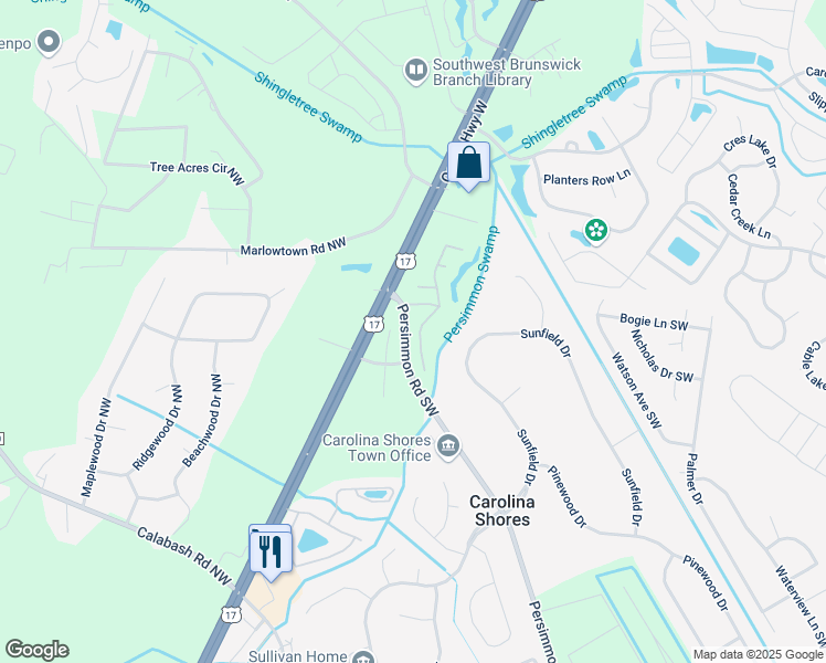 map of restaurants, bars, coffee shops, grocery stores, and more near 101 Cedar Tree Lane Southwest in Calabash