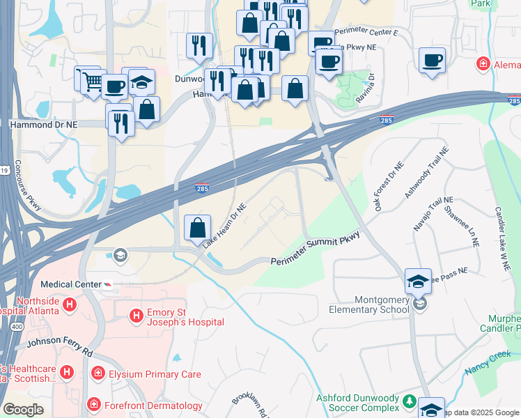 map of restaurants, bars, coffee shops, grocery stores, and more near 2002 Summit Boulevard in Atlanta