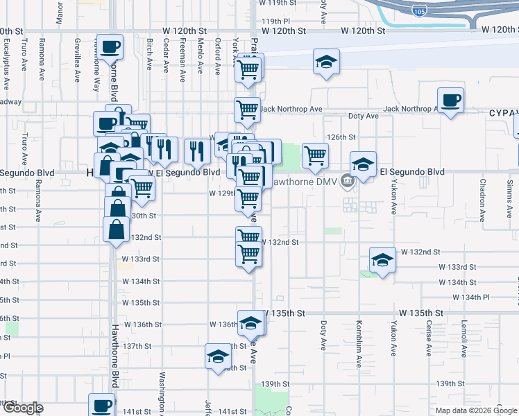 map of restaurants, bars, coffee shops, grocery stores, and more near 12940 Prairie Avenue in Hawthorne