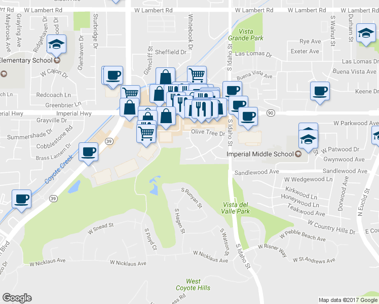 map of restaurants, bars, coffee shops, grocery stores, and more near 1420 Pine Tree Court in La Habra