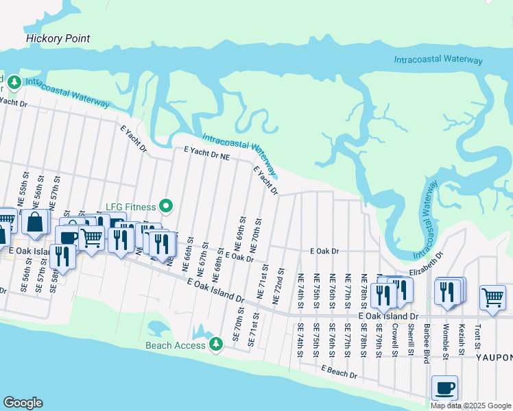 map of restaurants, bars, coffee shops, grocery stores, and more near 237 Northeast 70th Street in Oak Island