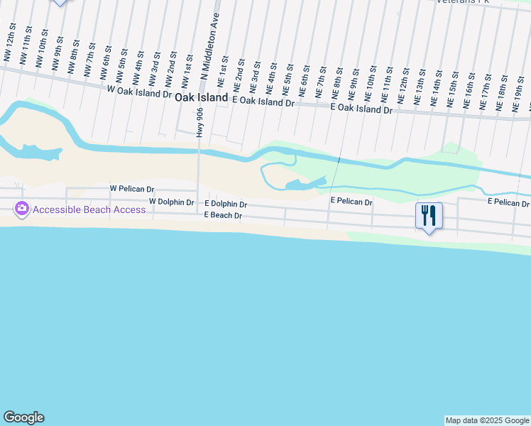 map of restaurants, bars, coffee shops, grocery stores, and more near 318 East Beach Drive in Oak Island
