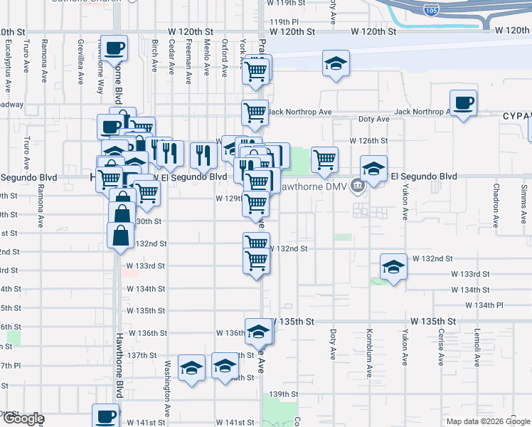 map of restaurants, bars, coffee shops, grocery stores, and more near 12940 Prairie Avenue in Hawthorne