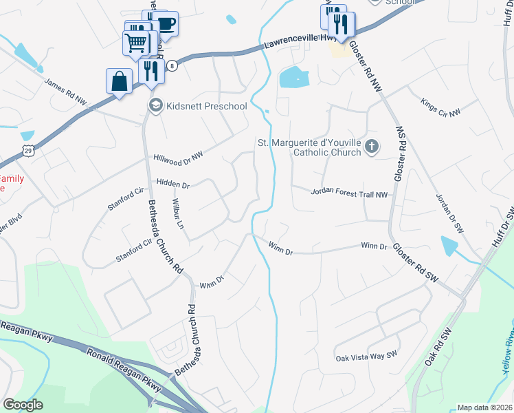 map of restaurants, bars, coffee shops, grocery stores, and more near 132 Jousters Lane Northwest in Lawrenceville