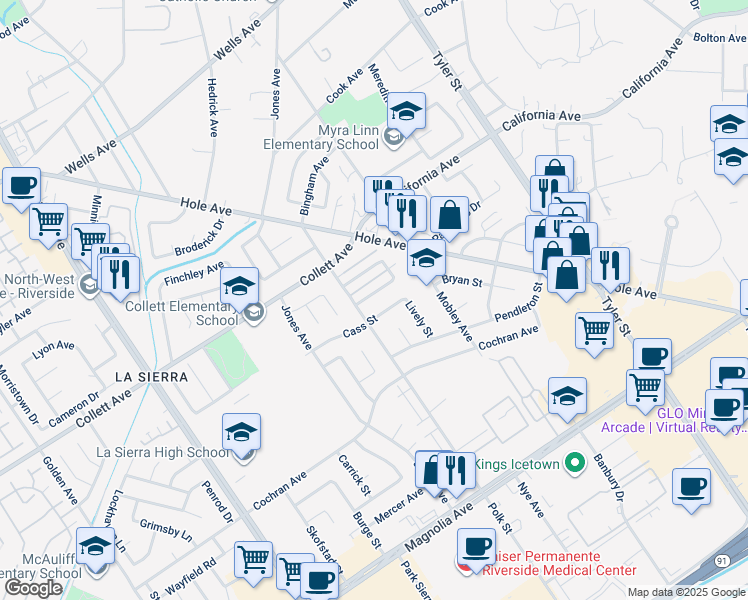 map of restaurants, bars, coffee shops, grocery stores, and more near 10661 Burton Street in Riverside