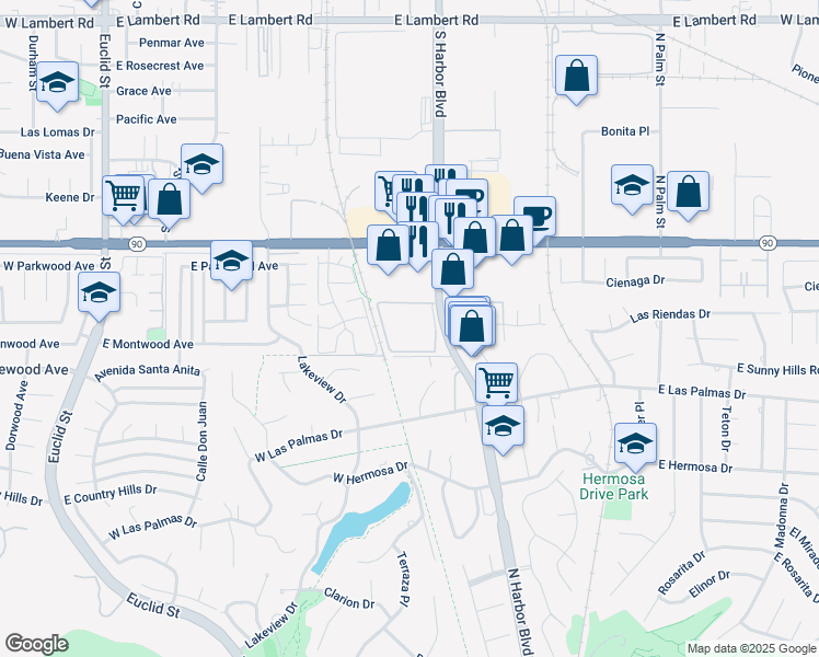 map of restaurants, bars, coffee shops, grocery stores, and more near 1301 South Harbor Boulevard in La Habra