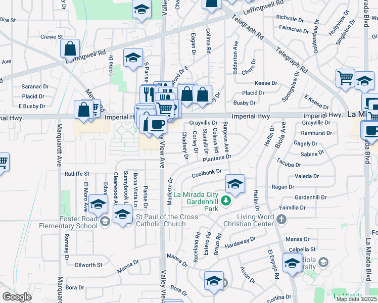 map of restaurants, bars, coffee shops, grocery stores, and more near 14246 Gagely Drive in La Mirada