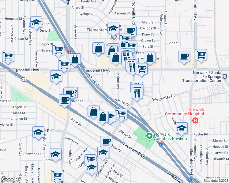 map of restaurants, bars, coffee shops, grocery stores, and more near 12723 Kalnor Avenue in Norwalk