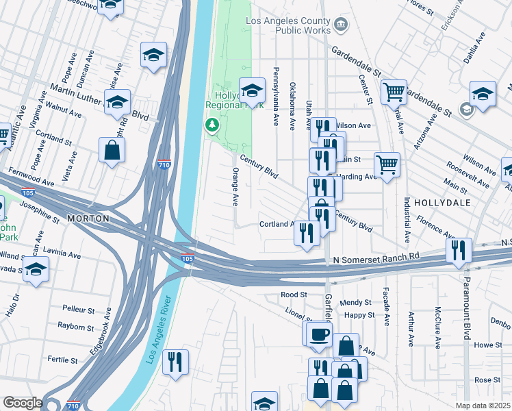 map of restaurants, bars, coffee shops, grocery stores, and more near 7303 Lugo Avenue in Paramount