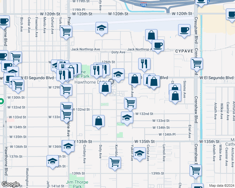 map of restaurants, bars, coffee shops, grocery stores, and more near 13006 Kornblum Avenue in Hawthorne