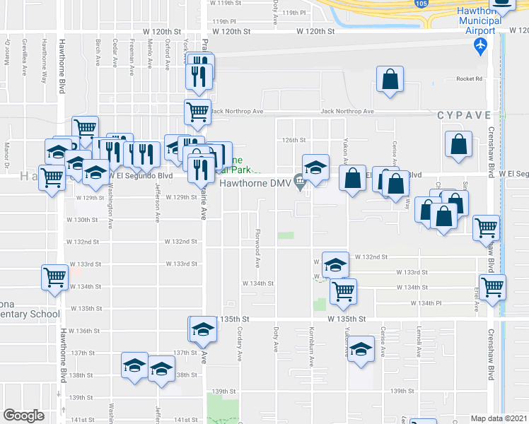 map of restaurants, bars, coffee shops, grocery stores, and more near 12915 Doty Avenue in Hawthorne