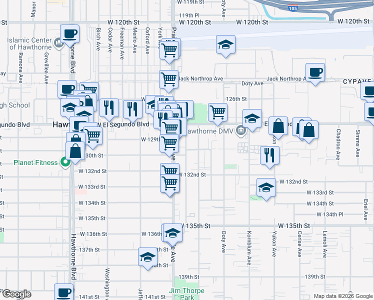 map of restaurants, bars, coffee shops, grocery stores, and more near 12920 Roselle Avenue in Hawthorne