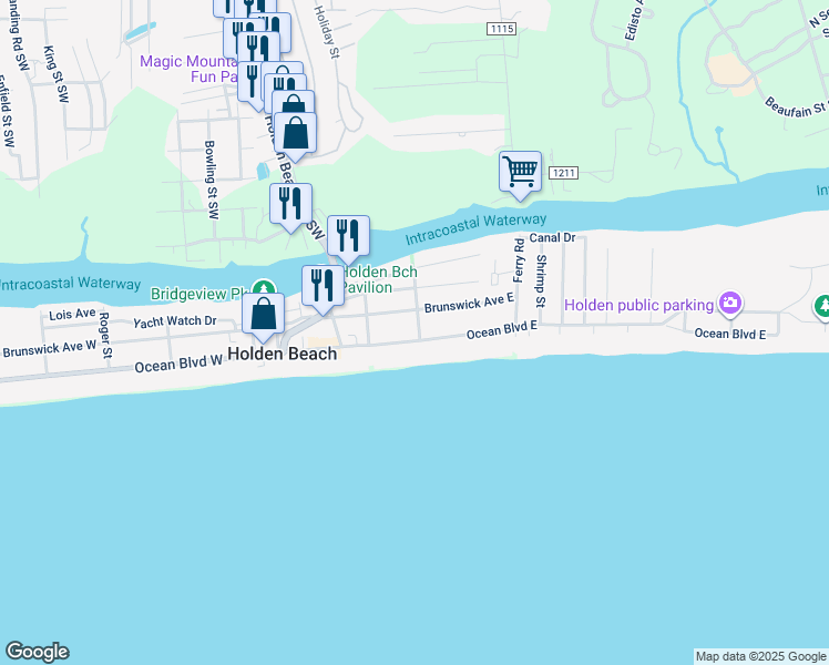 map of restaurants, bars, coffee shops, grocery stores, and more near 106 Halstead St in Holden Beach