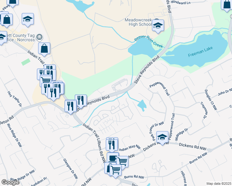 map of restaurants, bars, coffee shops, grocery stores, and more near 1205 Oak Loch Trace in Norcross