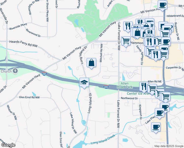 map of restaurants, bars, coffee shops, grocery stores, and more near 5800 Mitchell Road Northwest in Atlanta