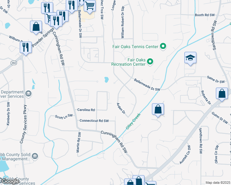 map of restaurants, bars, coffee shops, grocery stores, and more near 1590 Arden Drive Southwest in Marietta
