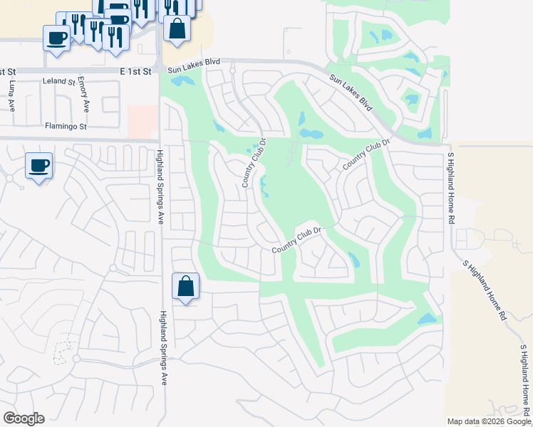 map of restaurants, bars, coffee shops, grocery stores, and more near 1200 Laguna Seca Court in Banning