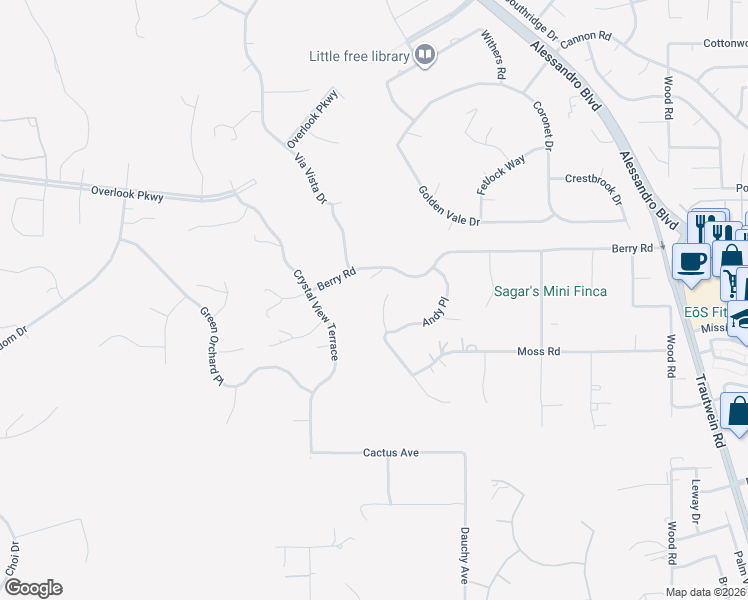 map of restaurants, bars, coffee shops, grocery stores, and more near 14087 Ashton Lane in Riverside