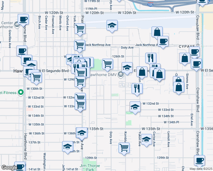 map of restaurants, bars, coffee shops, grocery stores, and more near 13006 Florwood Avenue in Hawthorne