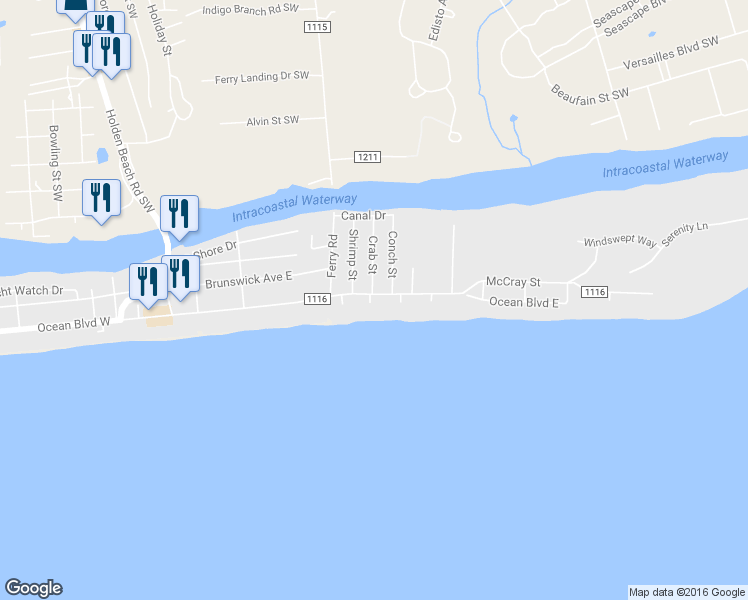 map of restaurants, bars, coffee shops, grocery stores, and more near 194 Ocean Boulevard East in Supply