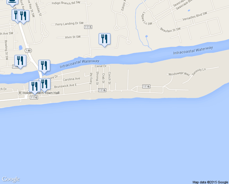 map of restaurants, bars, coffee shops, grocery stores, and more near 212 Ocean Boulevard East in Holden Beach